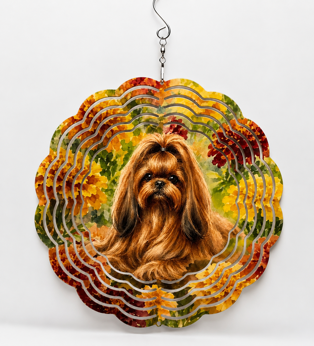 Shih Tzu & Marigolds Wind Spinner – 8" Handmade Metal Garden Decor