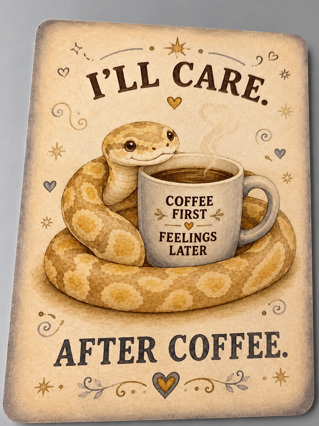 Decorative snake-themed magnetswith a snake holding a coffee cup and humorous text on a beige background.