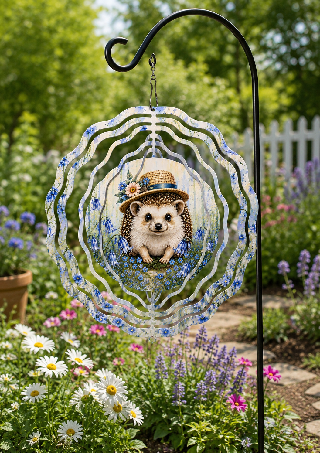 A decorative garden wind spinner featuring a hedgehog wearing a straw hat and surrounded by blue flowers, suspended from a black metal garden stand in a lush garden setting.