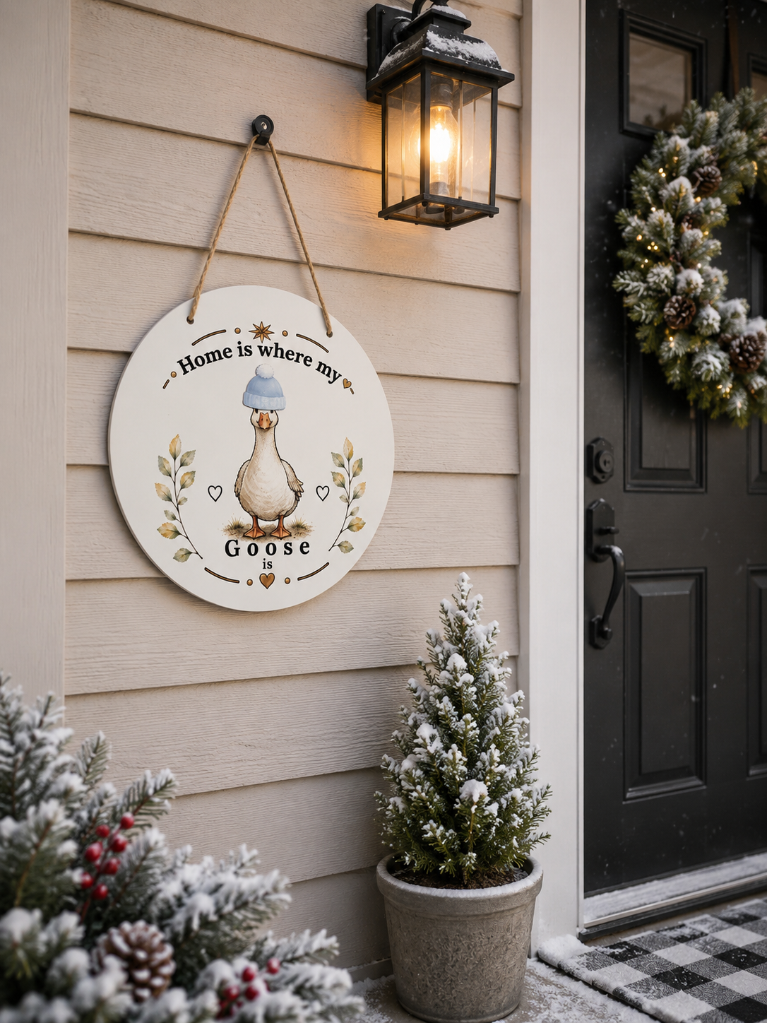 Round decorative wall sign hanging on beige house siding, featuring an illustrated goose wearing a blue hat with the text 'Home is where my Goose.' A black lantern, wreath, potted frosted tree, and front door are visible in the scene.