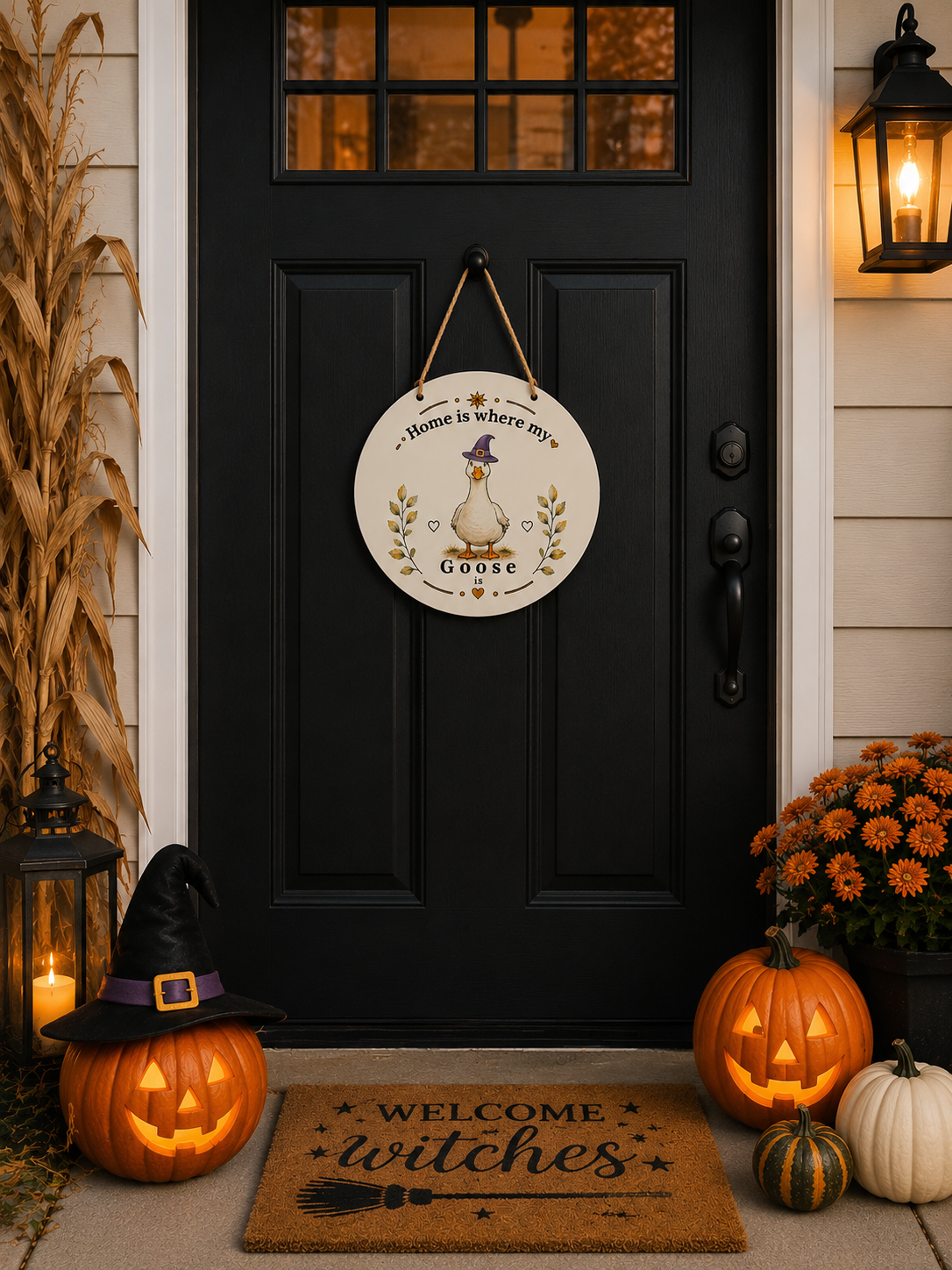 A round white Halloween door sign hanging on a black front door, featuring a witch goose illustration and the phrase 'Hand is where my Goose'. The door is decorated with jack-o'-lanterns, a witch hat, a doormat reading 'Welcome witches', orange mums, and dried corn stalks.