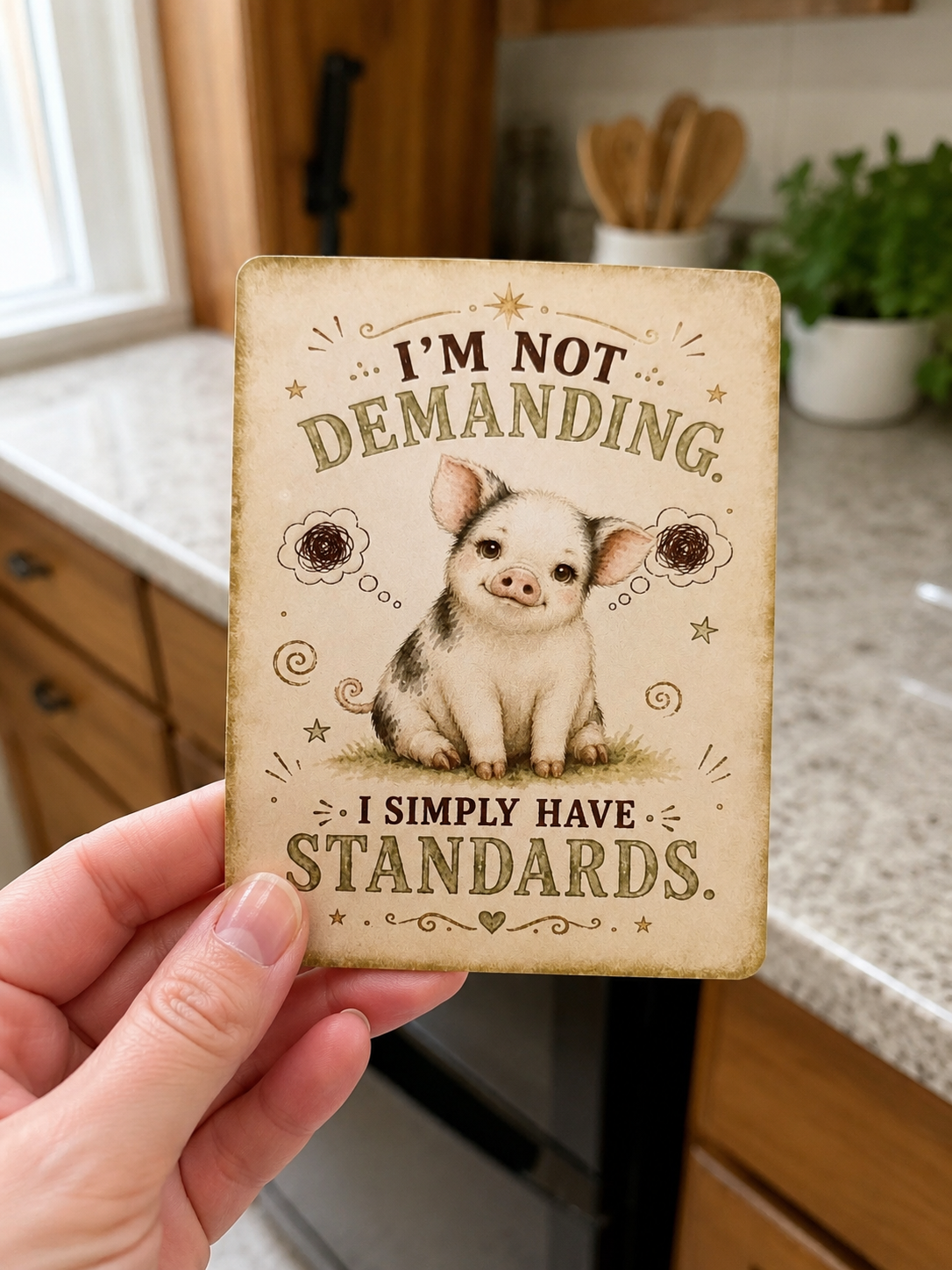 Decorative mini pig-themed magnets illustration and text held in front of a kitchen.
