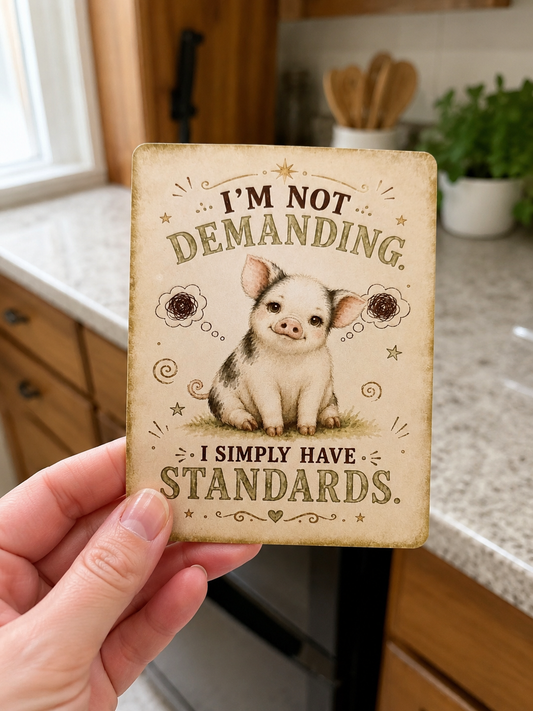 Decorative mini pig-themed magnets illustration and text held in front of a kitchen.