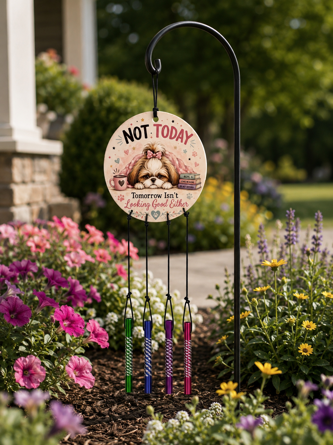 Decorative wind chime with a humorous message in a garden setting