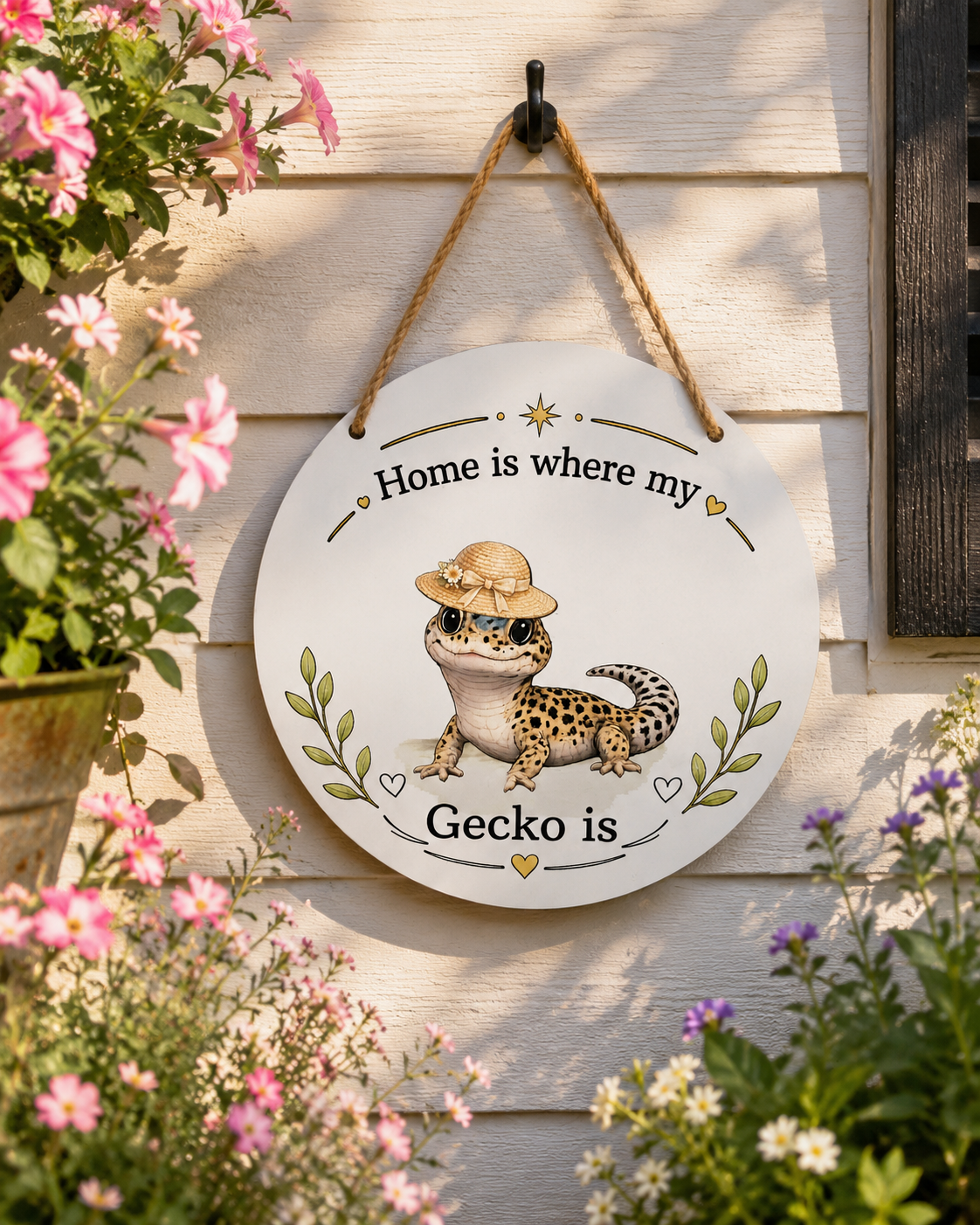 Decorative sign with a gecko illustration and text 'Home is where my gecko is' hanging outdoors.