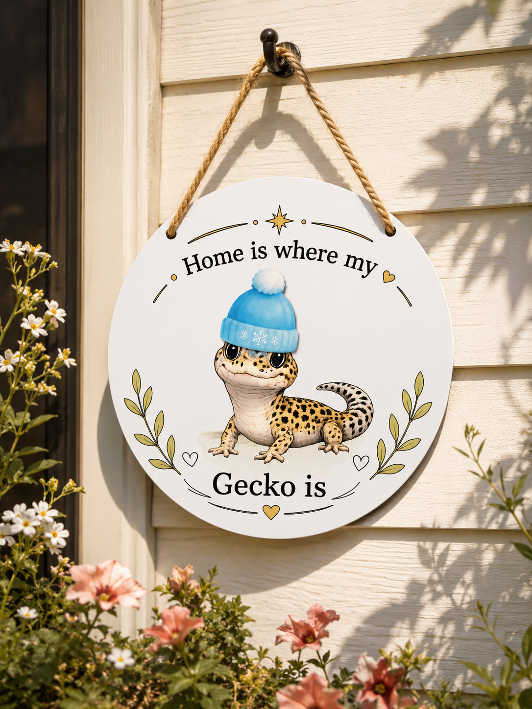 Decorative sign with a gecko wearing a blue hat, hanging on a wall with flowers in the foreground.