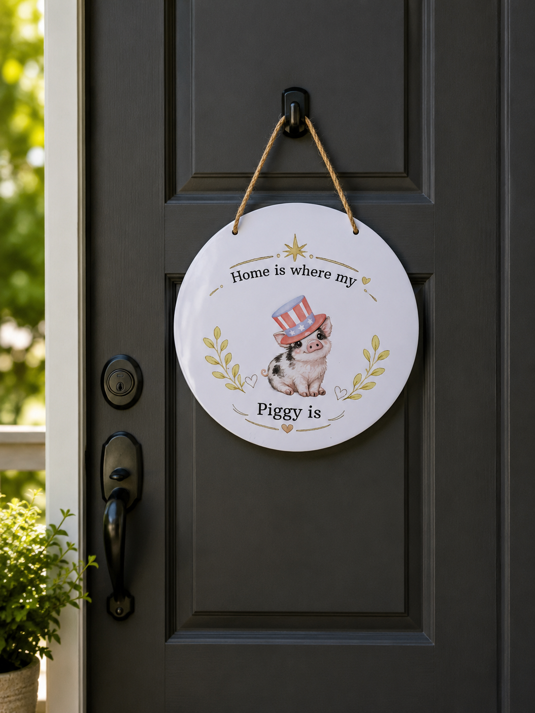 Decorative sign with a pig illustration and text on a door