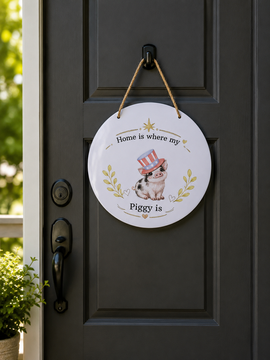 Decorative sign with a pig illustration and text on a door
