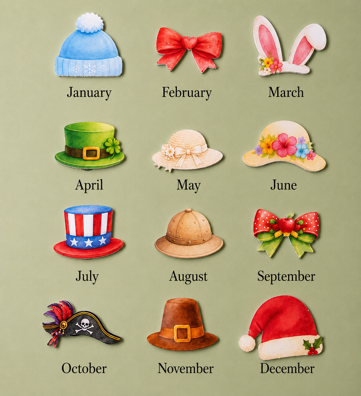 Illustrations of hats for each month of the year on a light green background