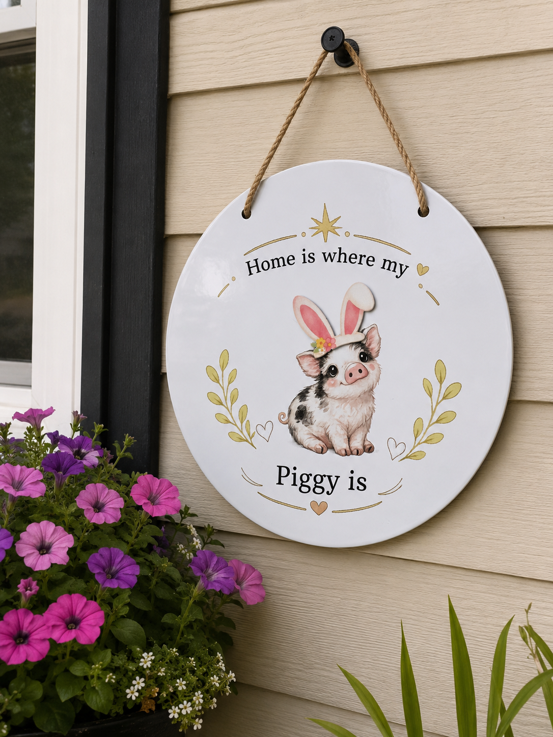 Decorative sign with a pig illustration and text 'Home is where my Piggy is' hanging on a wall.