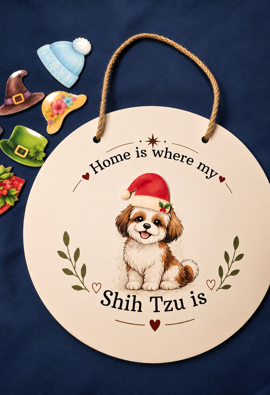 Round metal sign with a Shih Tzu dog illustration and text on a blue background.