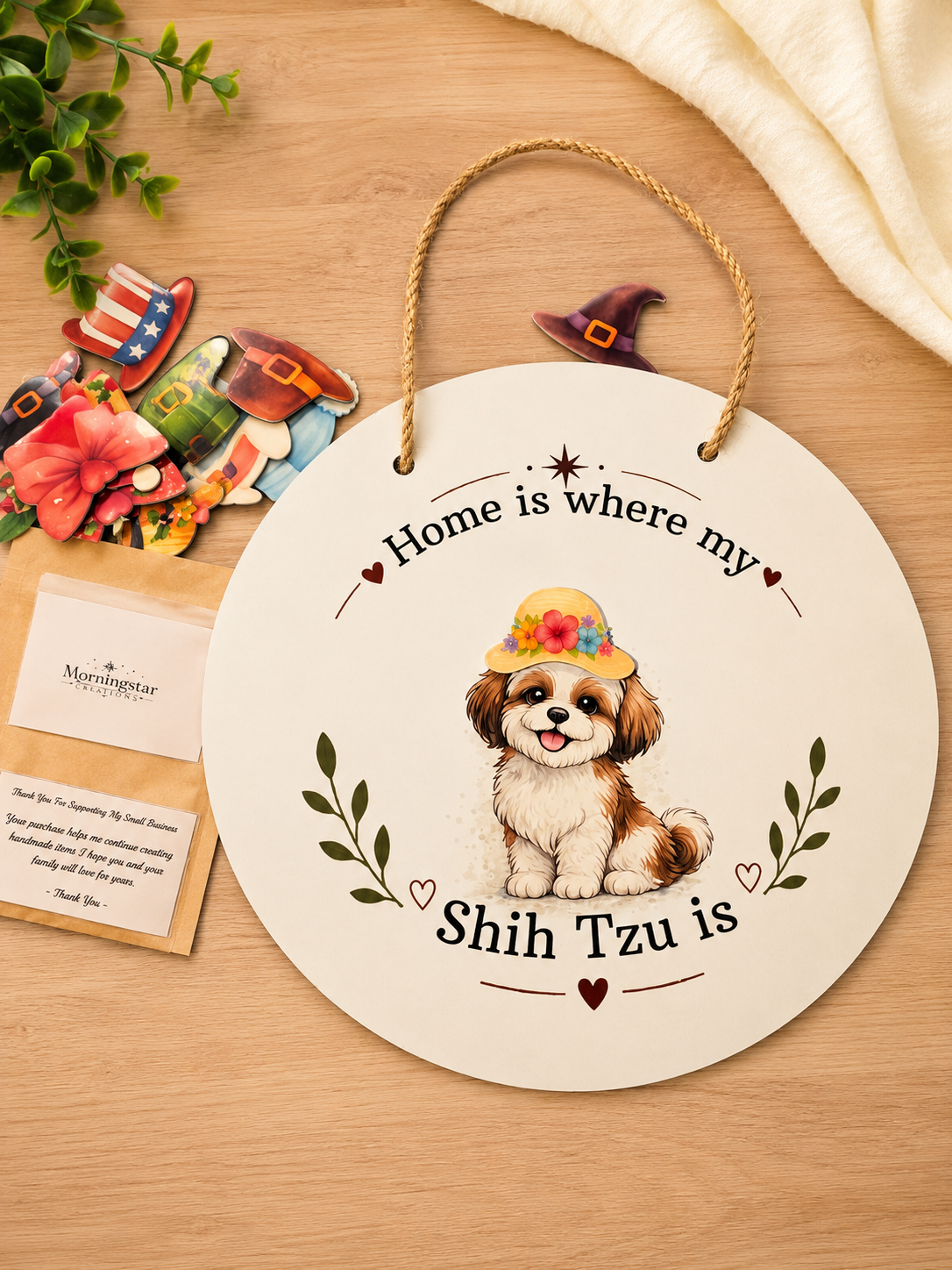 Decorative metal sign with a Shih Tzu illustration and text on a wooden surface.