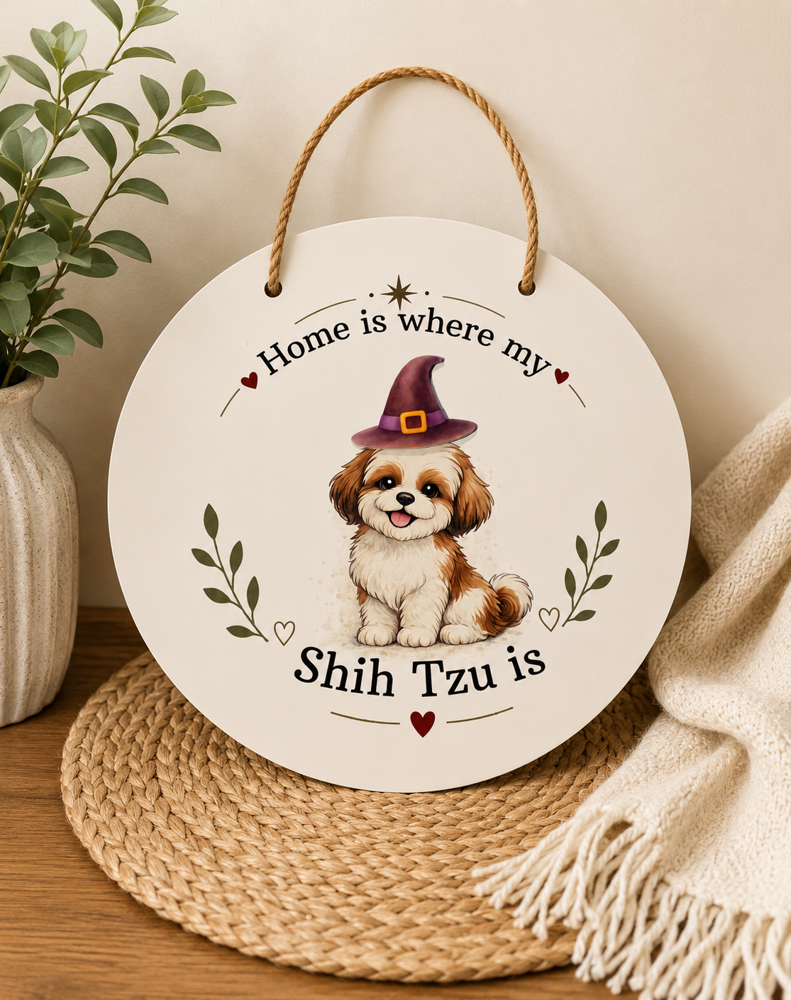 Decorative sign with a Shih Tzu illustration and text 'Home is where my Shih Tzu is' on a wooden surface.