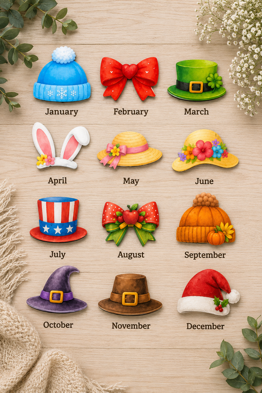 Decorative items for each month of the year on a wooden background