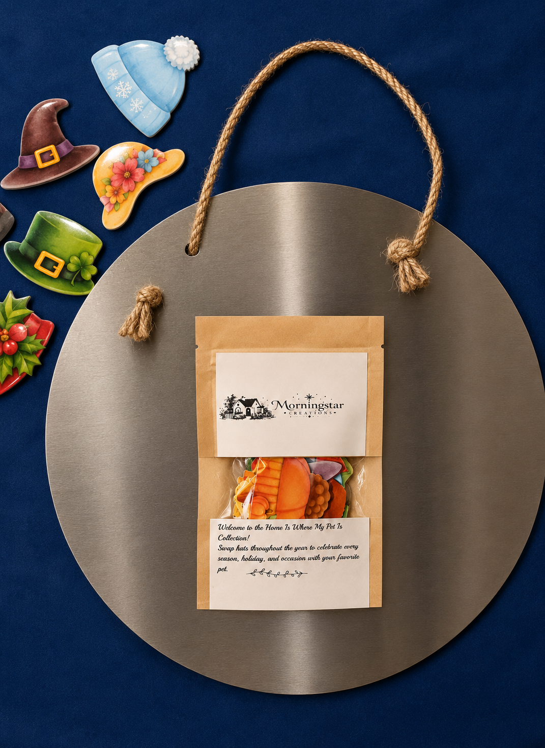 Packaged product with a label on a round metal tray against a blue background with decorative items.