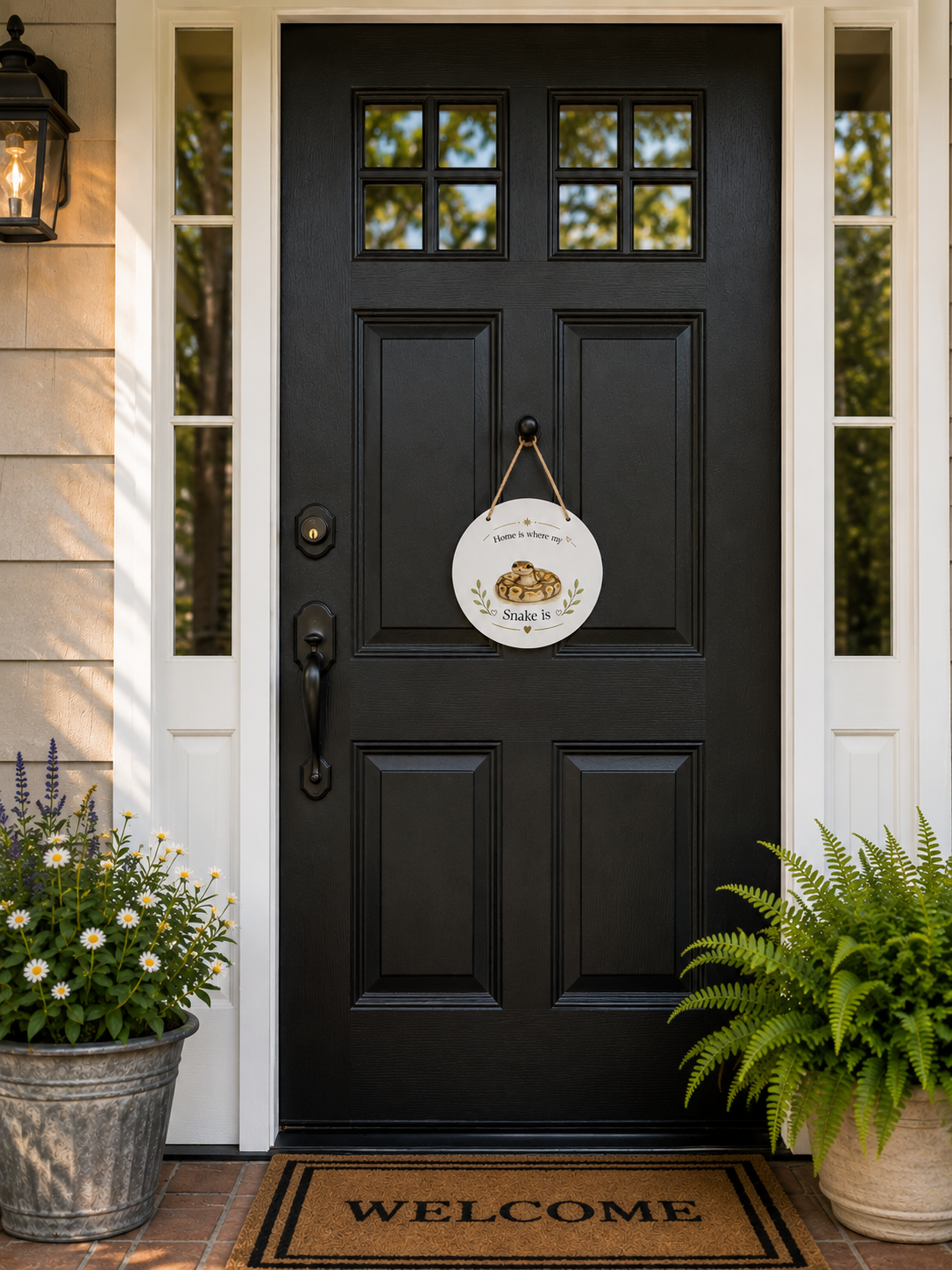 10-inch metal snake door hanger with 12 interchangeable seasonal accessories on black door
