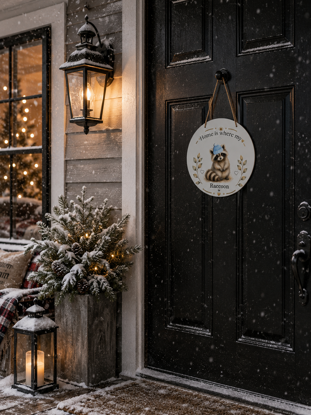 A round white hanging sign with a raccoon illustration and the words 's displayed on a dark front door in the snow. The scene includes a black lantern, a snowy evergreen planter, and a warmly lit window on a rustic house porch.