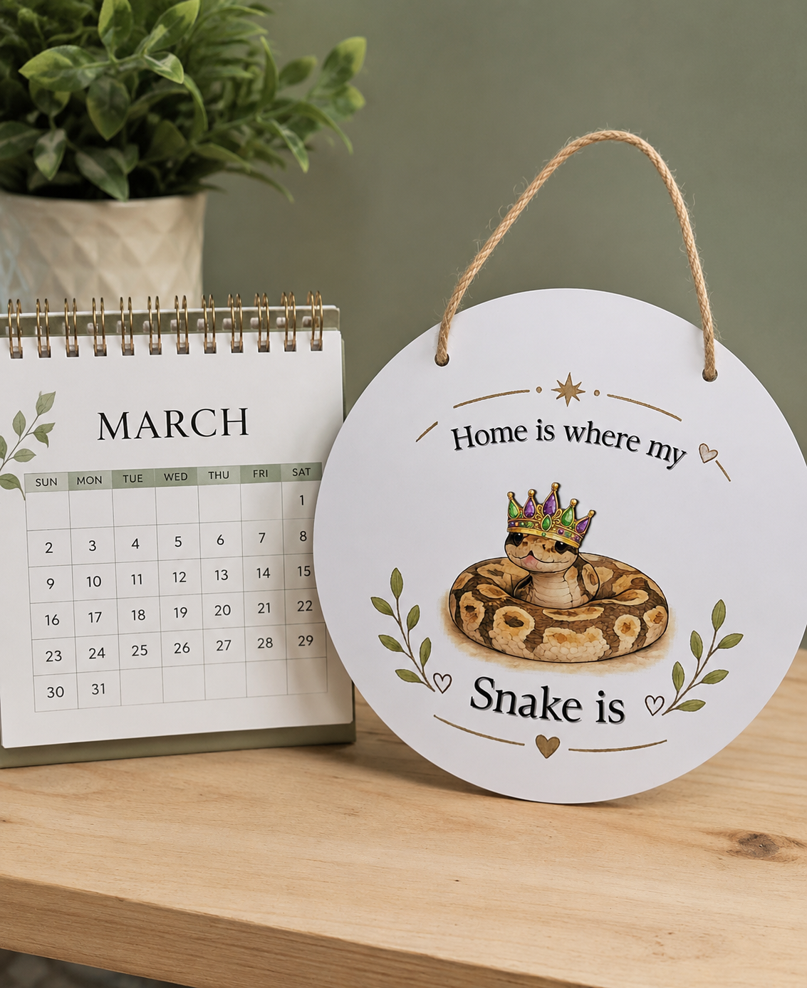 Round metal sign with snake illustration and text, next to a calendar on a wooden surface.