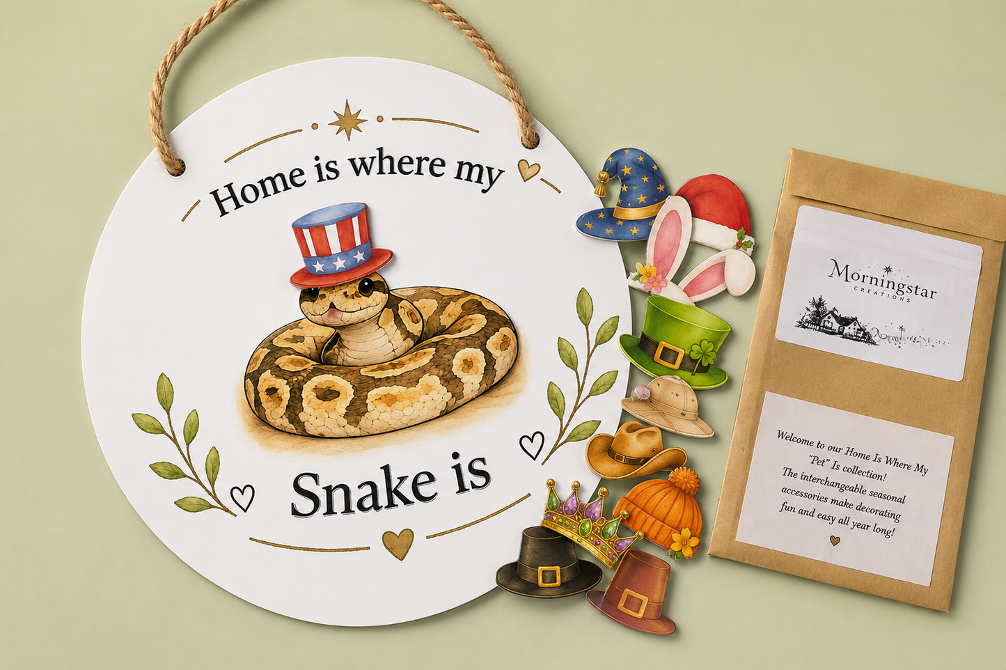 Decorative sign with a snake illustration and text on a light green background. 12 Interchangeable magnet hats