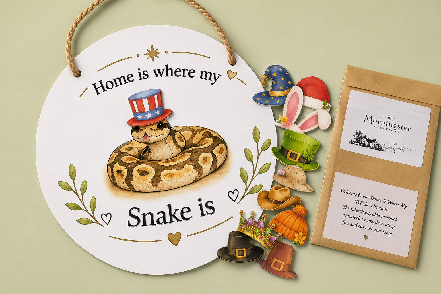 Decorative sign with a snake illustration and text on a light green background. 12 Interchangeable magnet hats