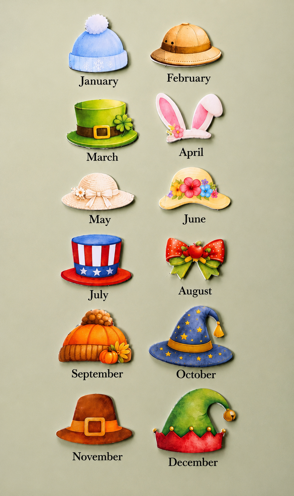 Illustrations of hats for each month of the year on a light green background
