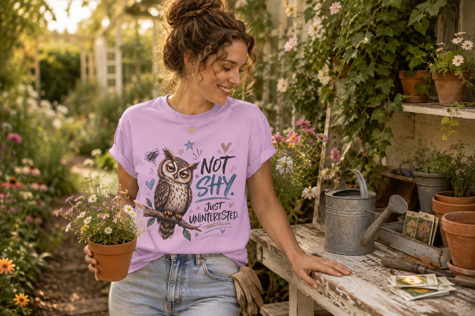 A woman in a garden setting wearing a light purple graphic t-shirt with an owl illustration and the text 'NOT SHY. JUST UNAPRETTED.