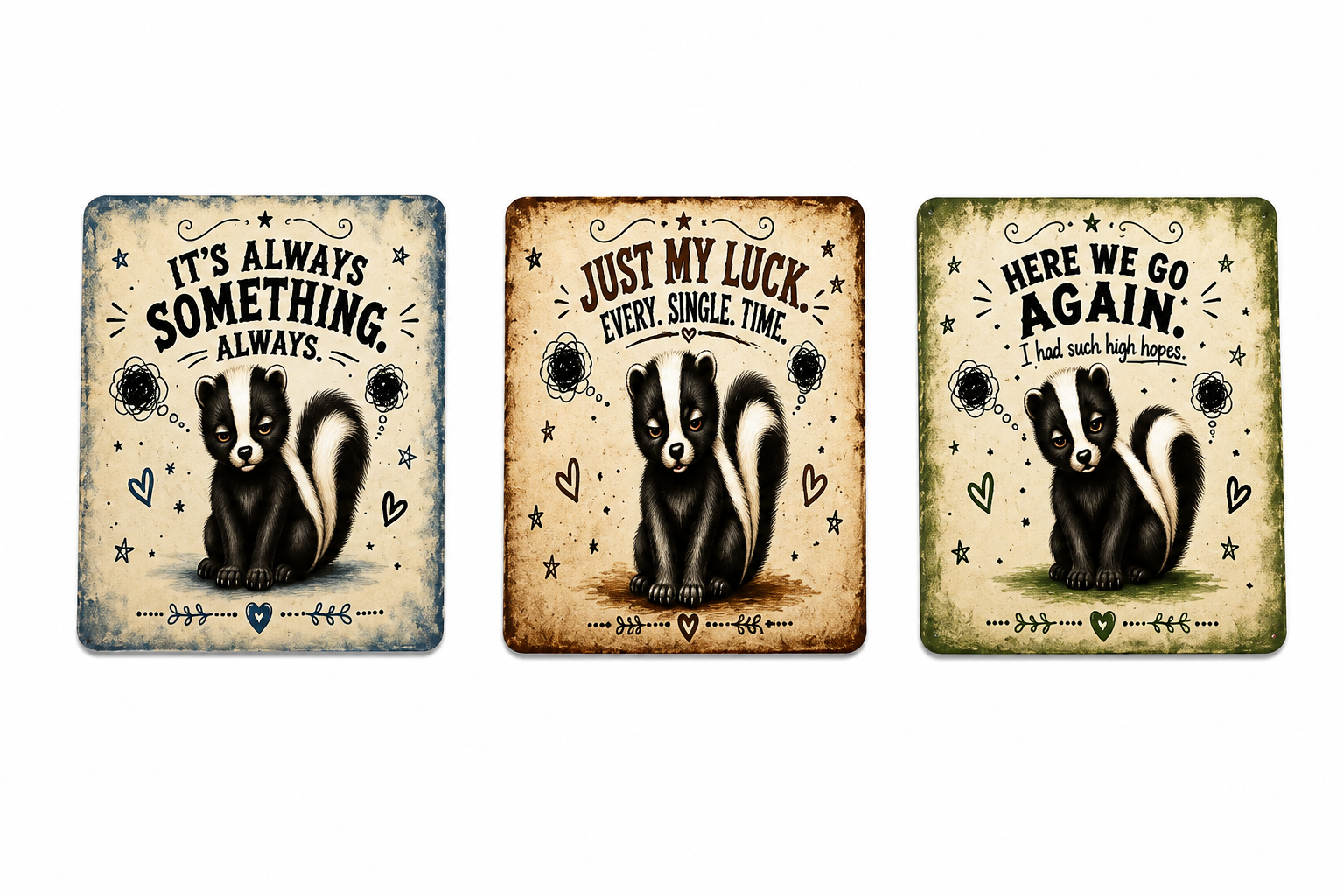 Three vintage-style skunk art prints displayed side by side on a white background. Each print features a skunk illustration and a humorous quote: 'It's Always Something.