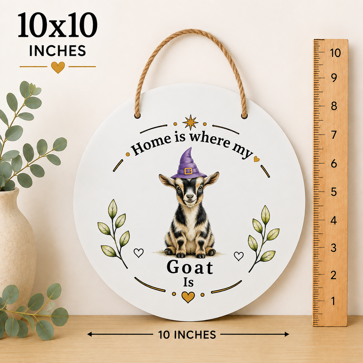 A round white decorative wall plaque with a hanging rope, featuring a small goat in a purple hat and the text “Home is where my Goat Is.” The plaque is shown on a tabletop with a wooden ruler and eucalyptus leaves beside it, with “10x10 INCHES” and “10 INCHES” size callouts in the corners.