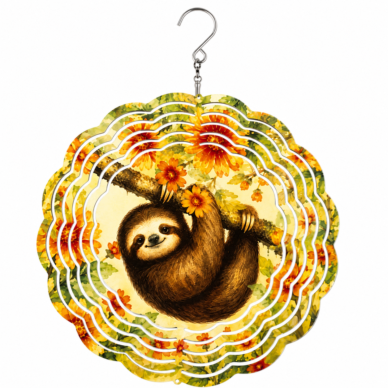 A circular metal wind spinner featuring a brown sloth hanging from a branch with orange flowers, surrounded by concentric scalloped rings of floral and leaf patterns on a white background.