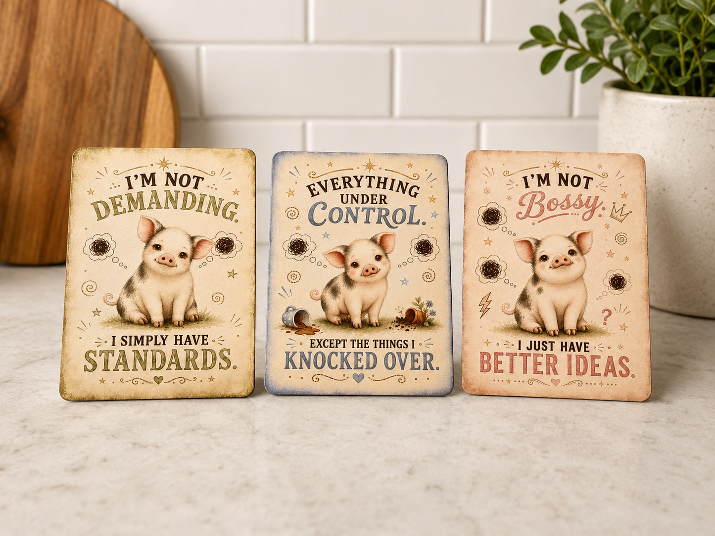 Three decorative mini pig-themed magnets illustrations and humorous text on a countertop.