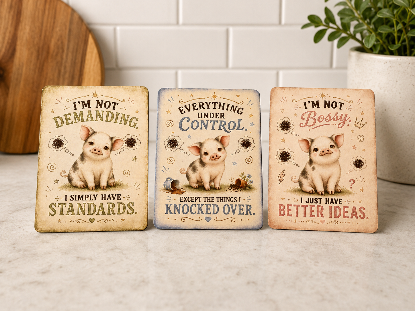 Three decorative mini pig-themed magnets illustrations and humorous text on a countertop.