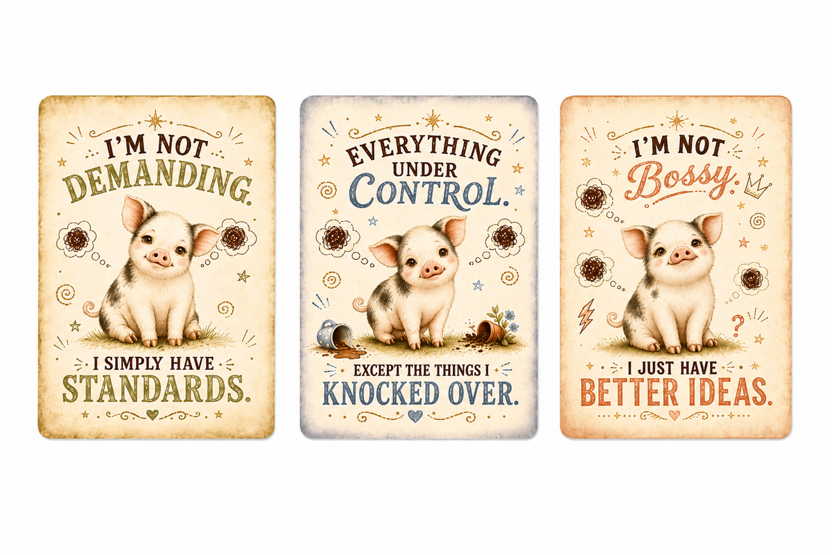 Three vintage-style humorous sign designs shown side by side on a white background. Each sign features an illustration of a pig and a different phrase: 'I'm Not Demanding.
