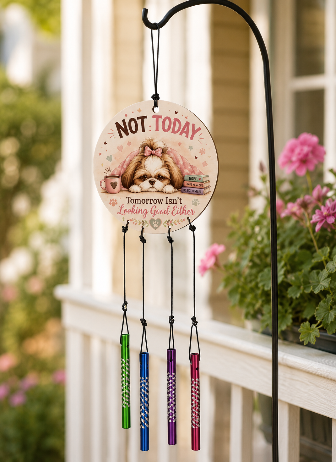 Decorative wind chime with a humorous design on a porch with flowers in the background