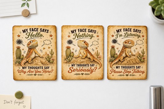 Three decorative magnets with a lizard design and humorous text on a white surface.