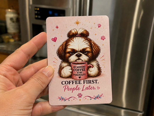 Magnet with a Shih Tzu dog illustration and text held by a hand in a kitchen setting