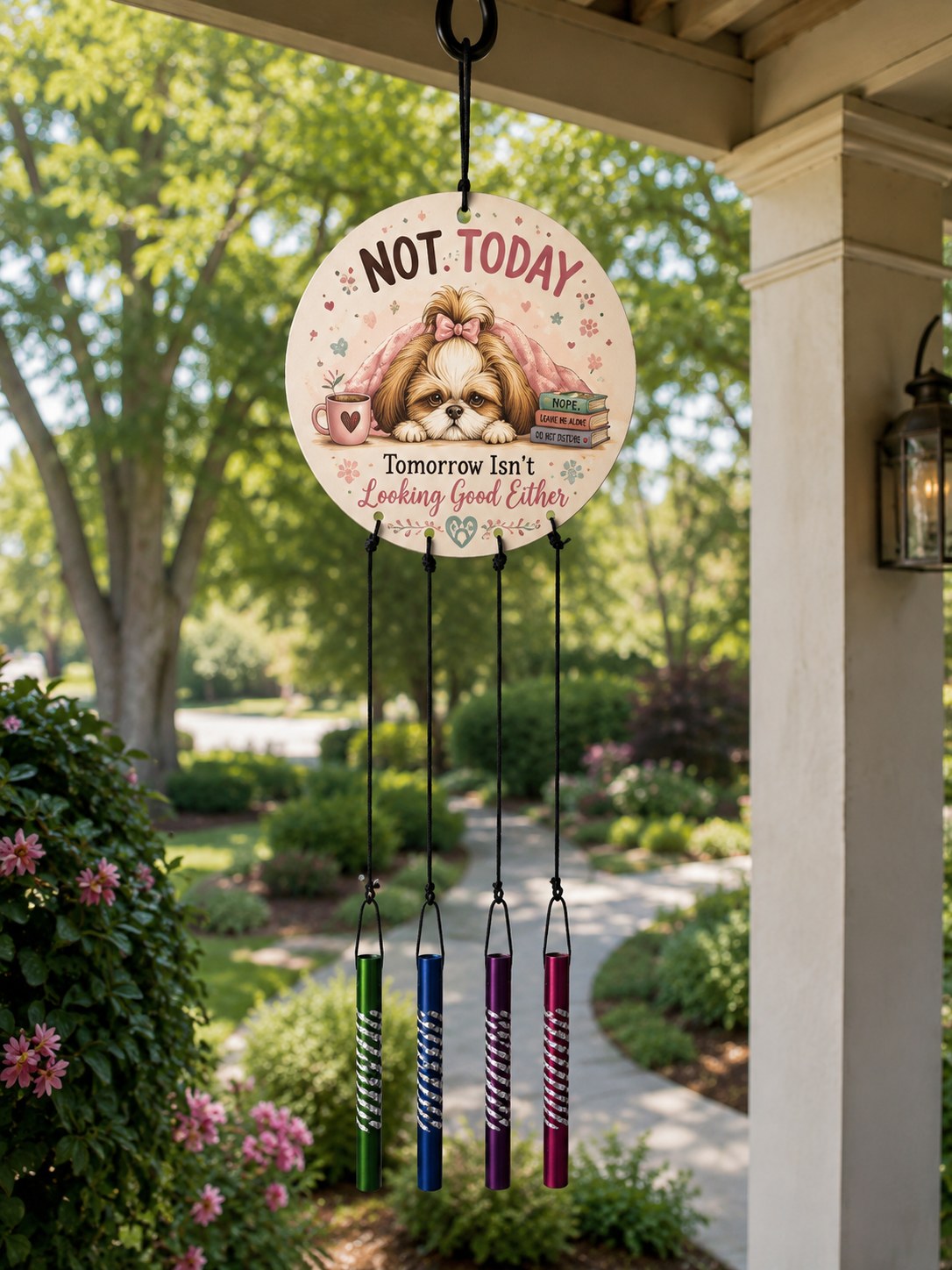 Decorative wind chime with a Shih Tzu dog illustration and 'Not Today' text on a garden background