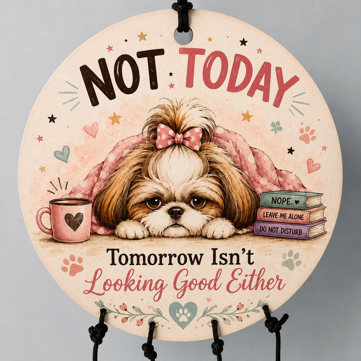Decorative wind chime with a Shih Tzu dog illustration and humorous text on a gray background