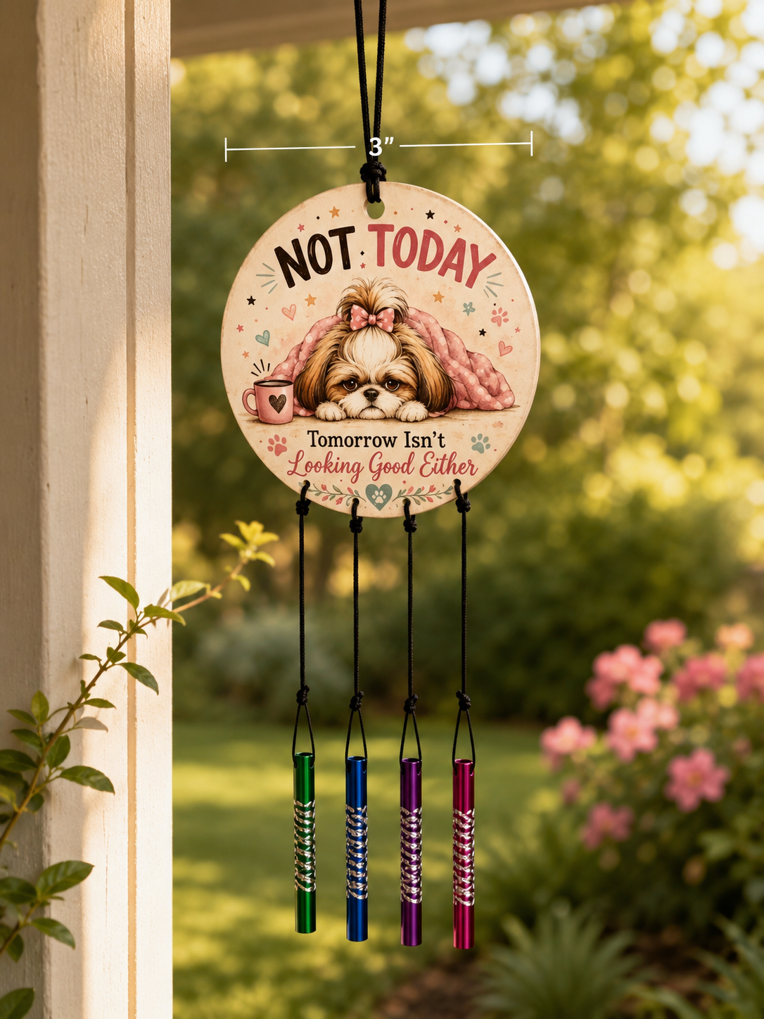 Decorative wind chime with a dog illustration and text in a garden setting