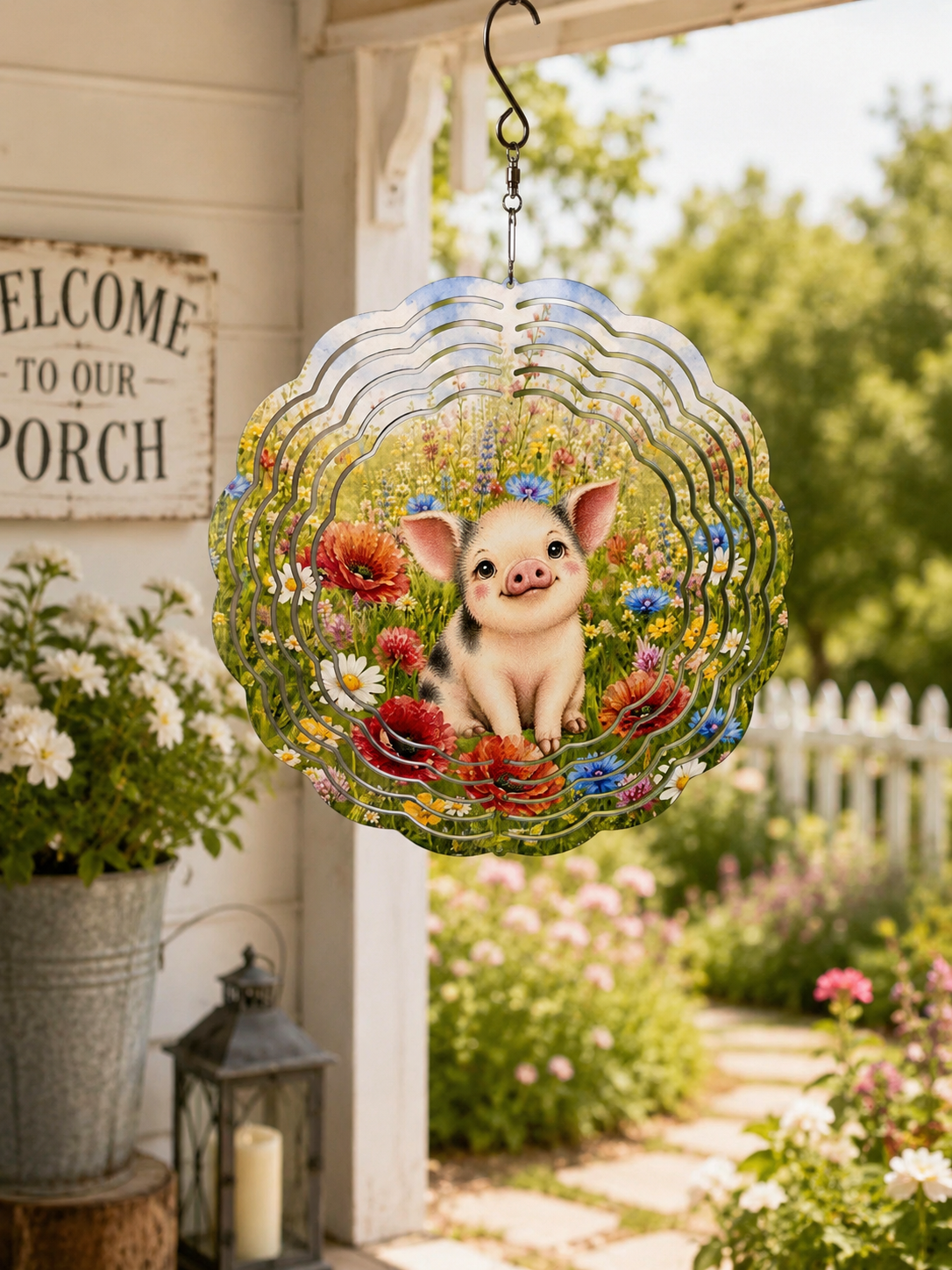 Decorative hanging garden with a pig design on a porch with flowers and a 'Welcome to our Porch' sign.