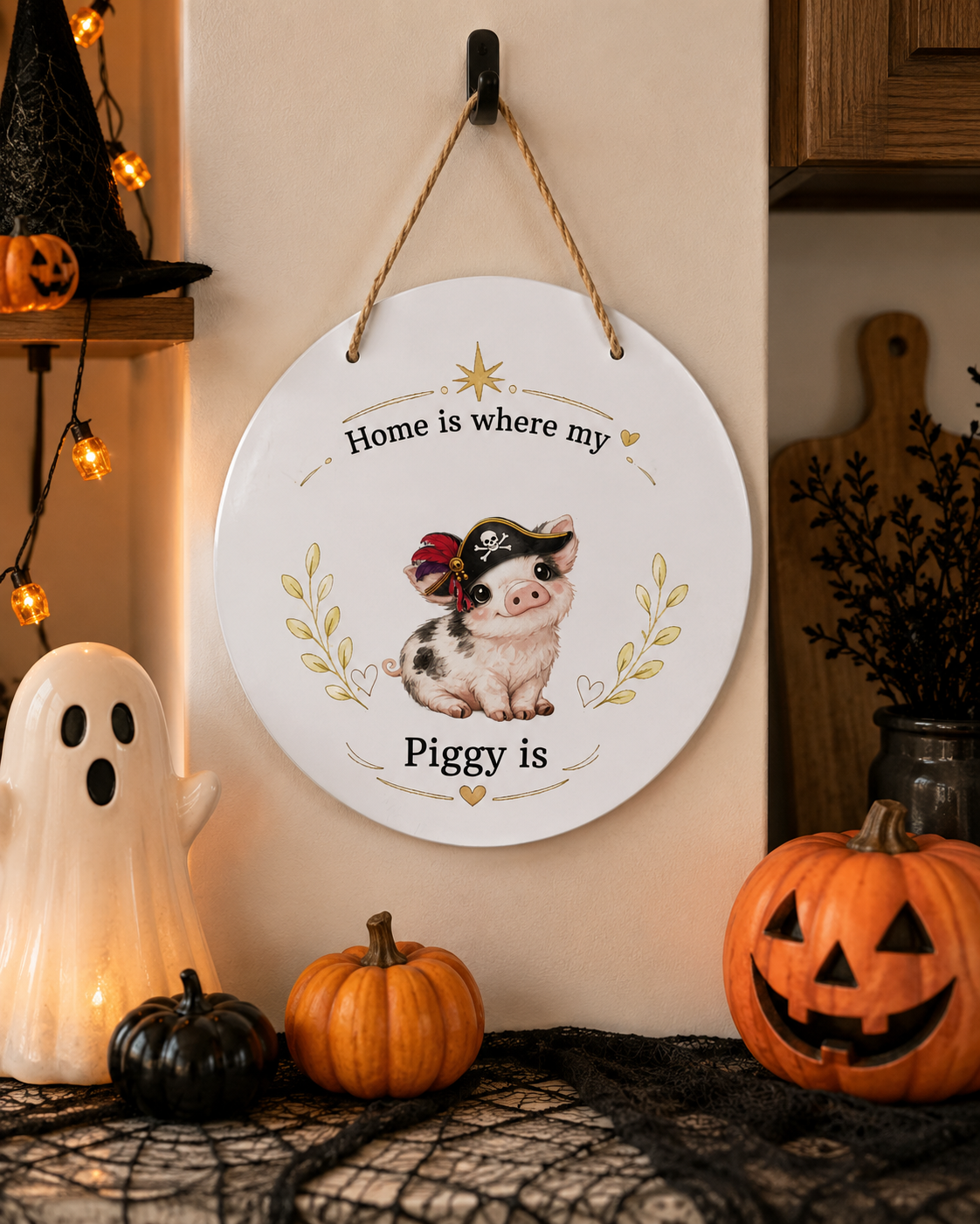Decorative sign with a pig illustration and text, surrounded by Halloween decorations.