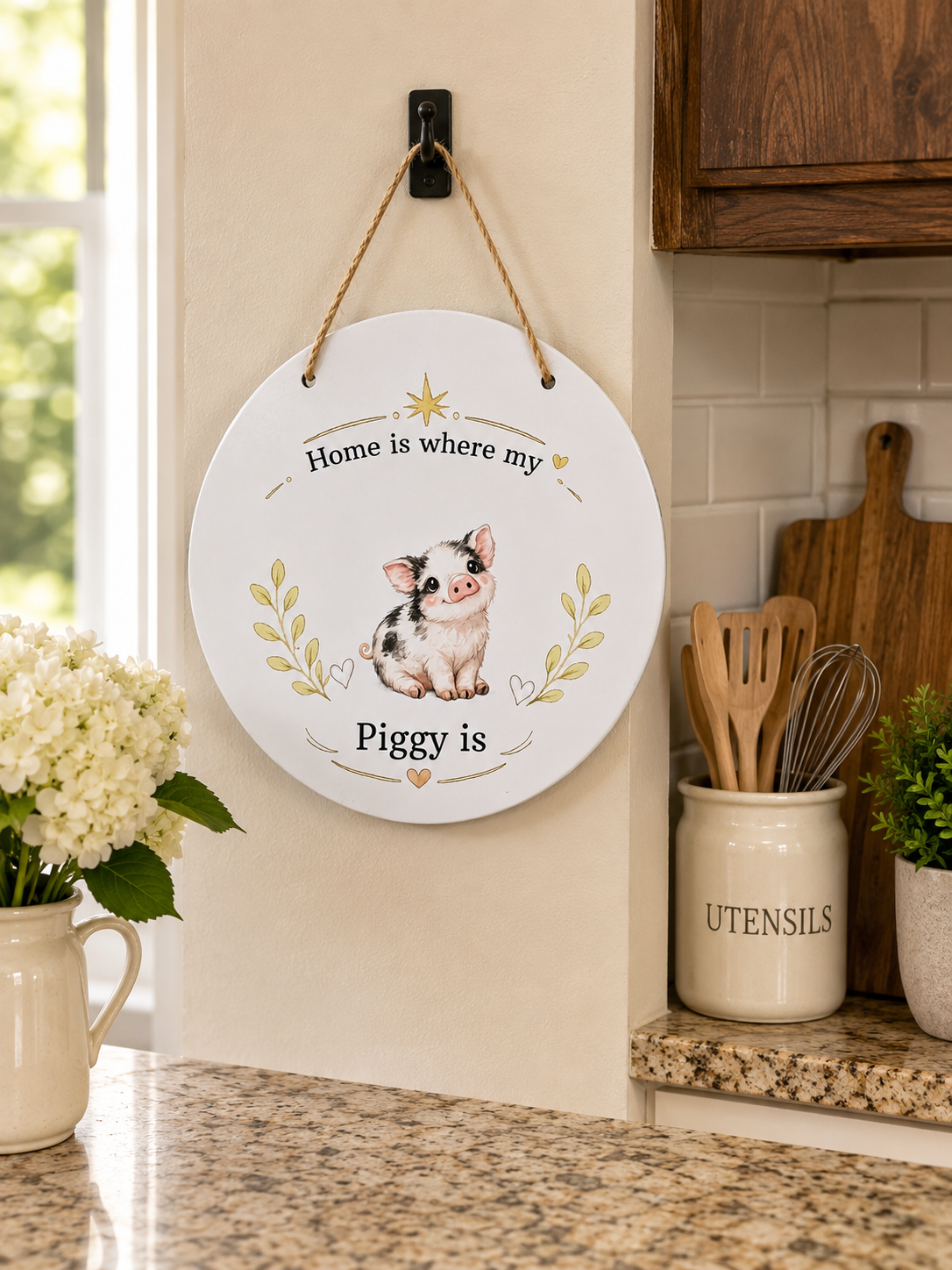 Decorative sign with a pig illustration hanging in a kitchen.