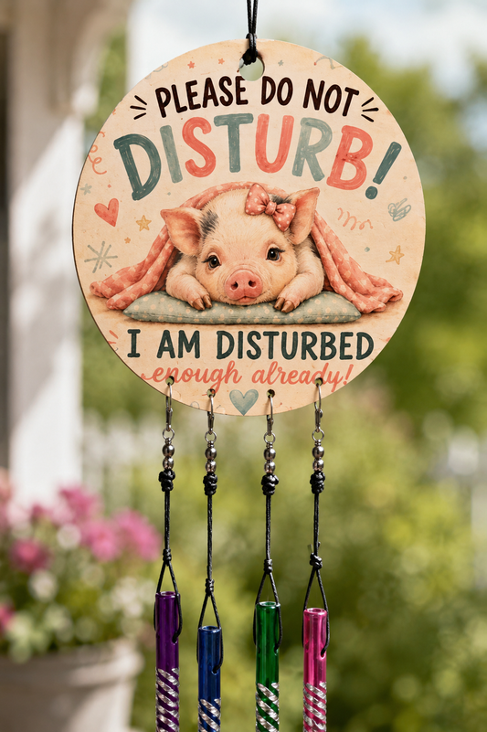 Decorative sign with a pig illustration and text 'Please do not disturb! I am disturbed enough already!' against a blurred garden background.