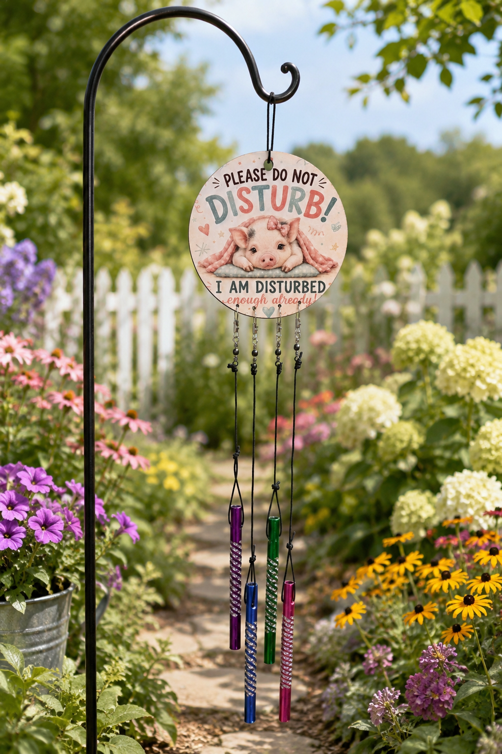 Decorative garden sign with pig illustration and wind chimes in a garden setting