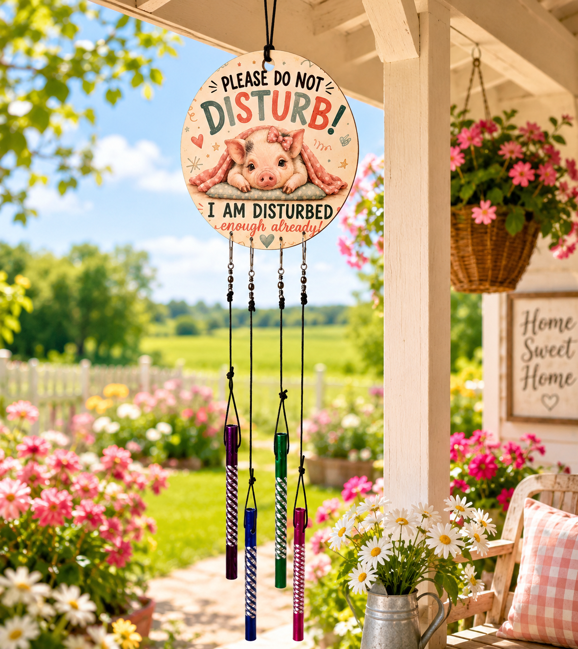Decorative sign with pig illustration and wind chime on a porch with flowers and garden view