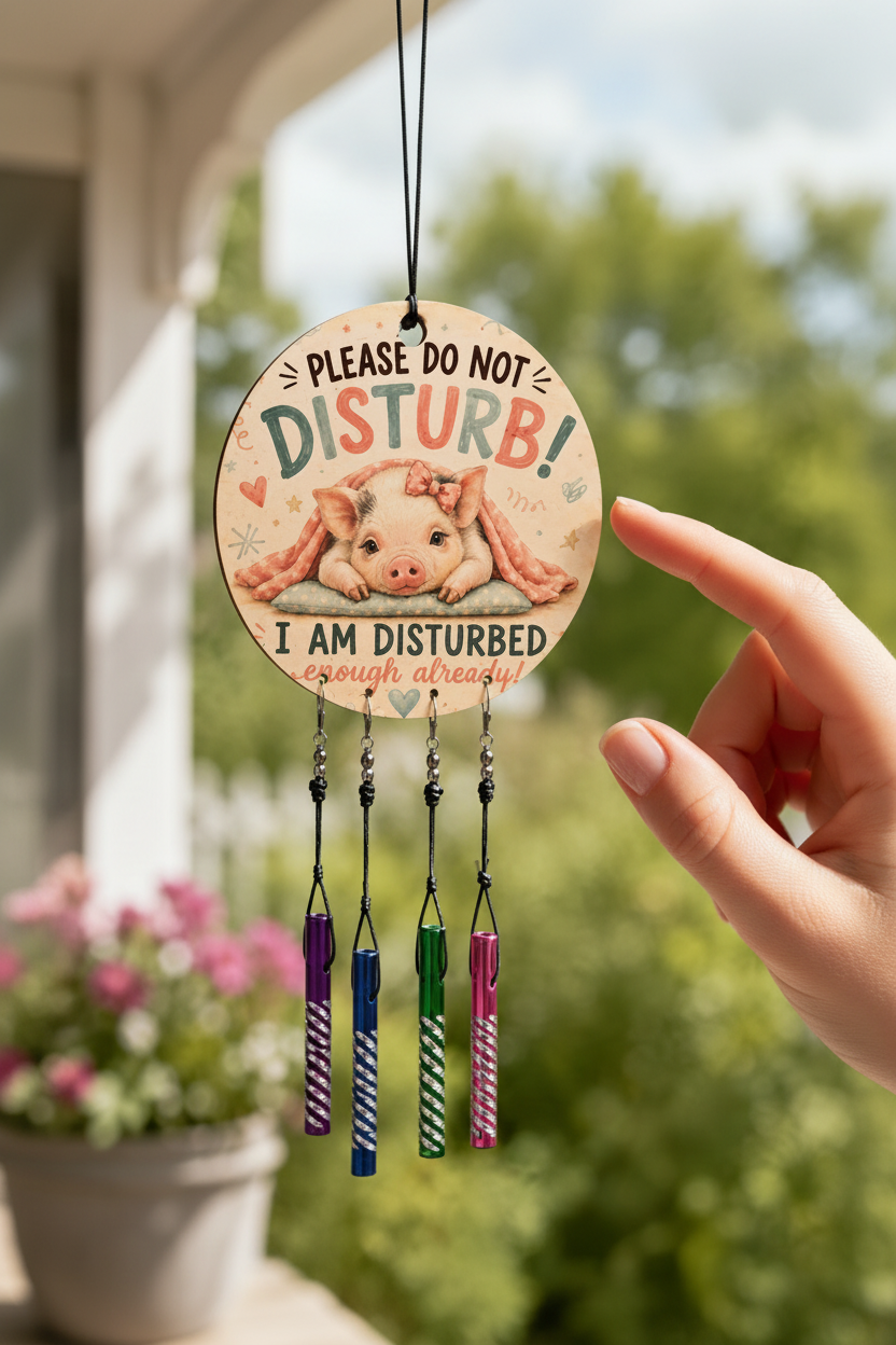 3-inch pig wind chime shown hanging on a porch with hand for scale