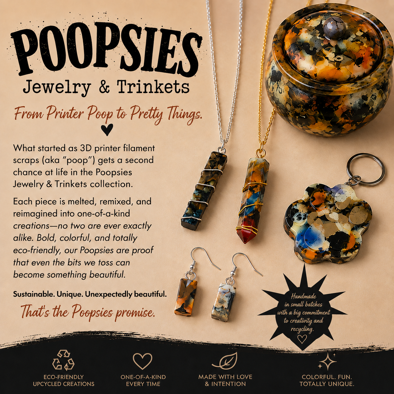 Promotional graphic for Poopsies Jewelry & Trinkets showing several colorful 3D-printed jewelry pieces and trinkets on a beige background with printed text and branding.