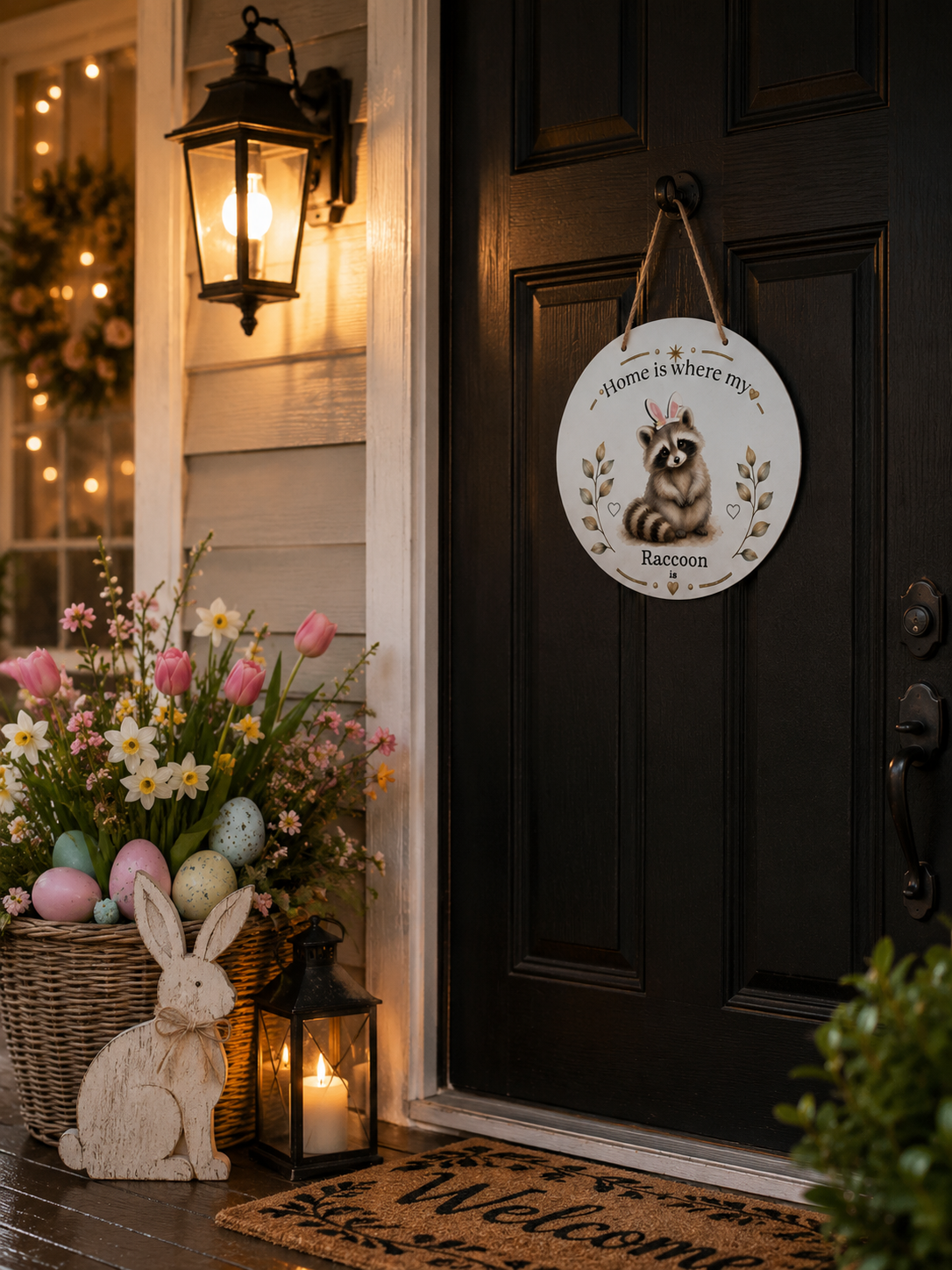 A round white decorative door sign featuring a raccoon illustration and the words 'Home is where my Racoon' hangs on a black front door. The porch is decorated with a basket of flowers, pastel Easter eggs, a white bunny figurine, a lantern, and a doormat.