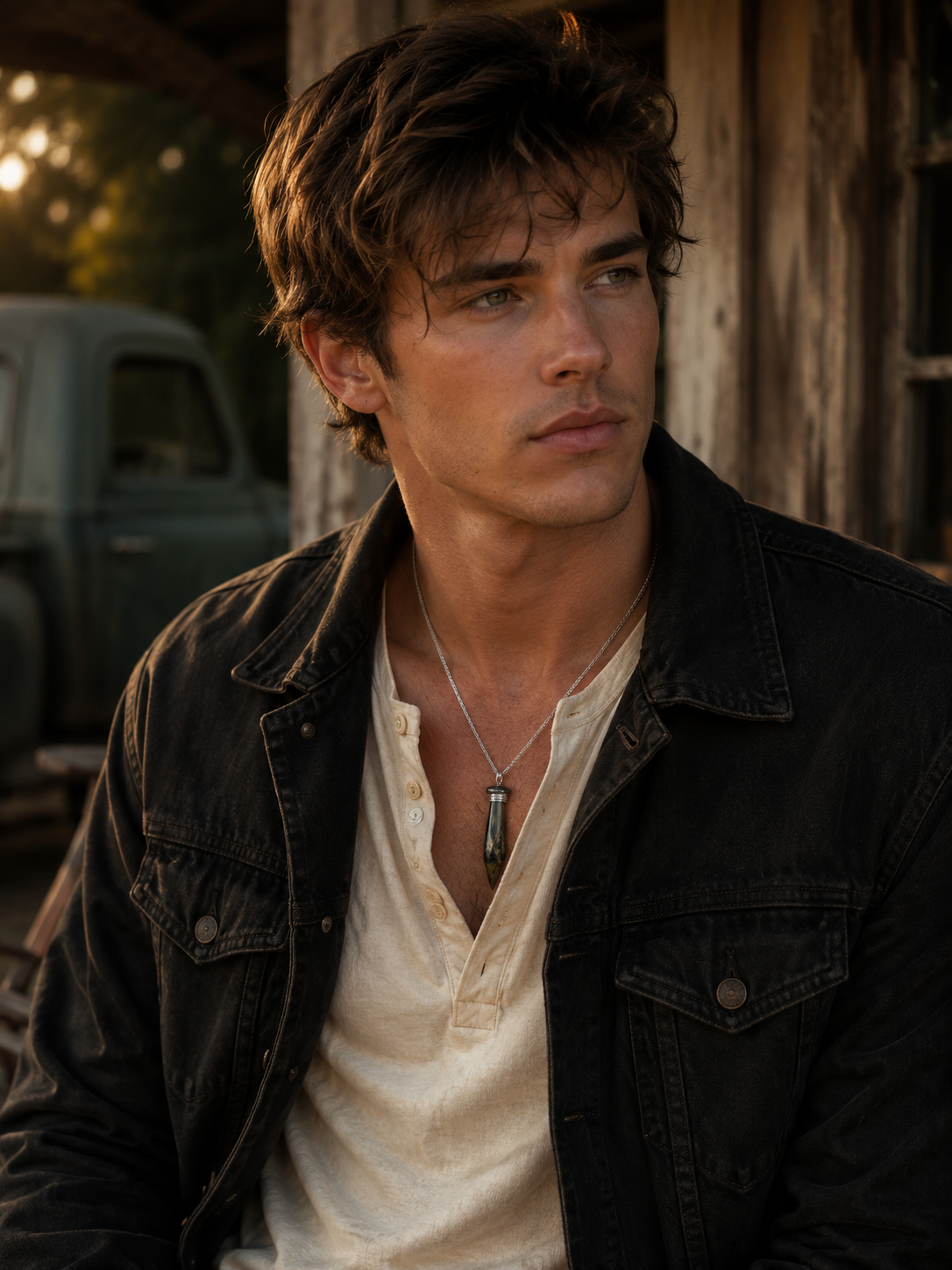 A man wearing a black denim jacket over a cream henley shirt, with a silver pendant necklace, set against a rustic wooden background with a vintage truck.
