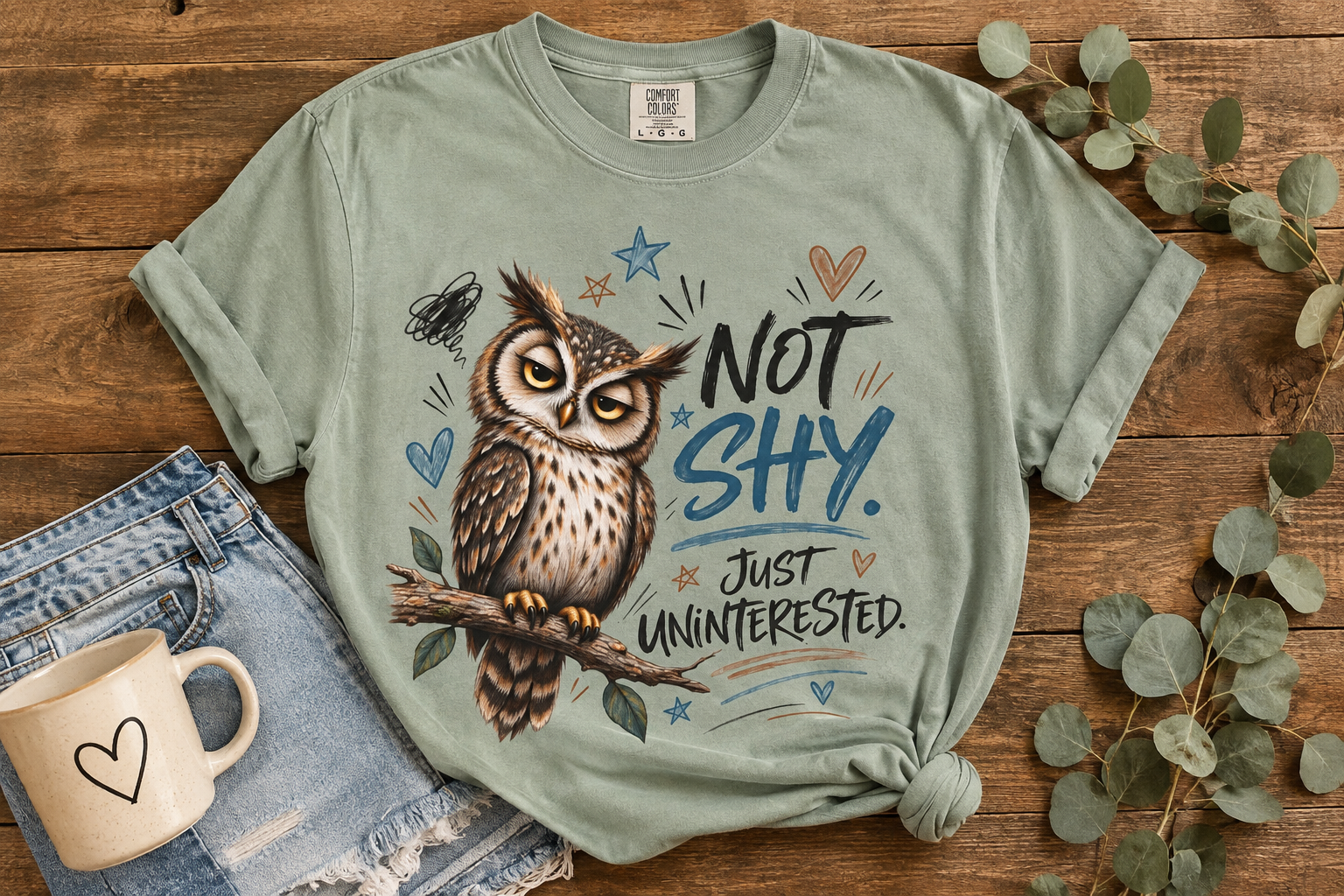A sage green graphic t-shirt featuring an owl illustration and the text 'NOT SHY. JUST UNINTERESTED.