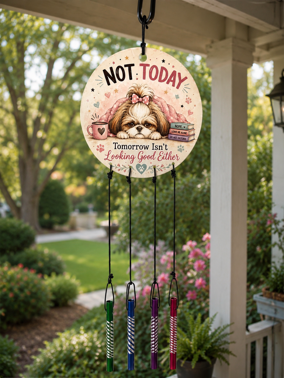 Decorative wind chime with a dog illustration and text on a porch with greenery in the background